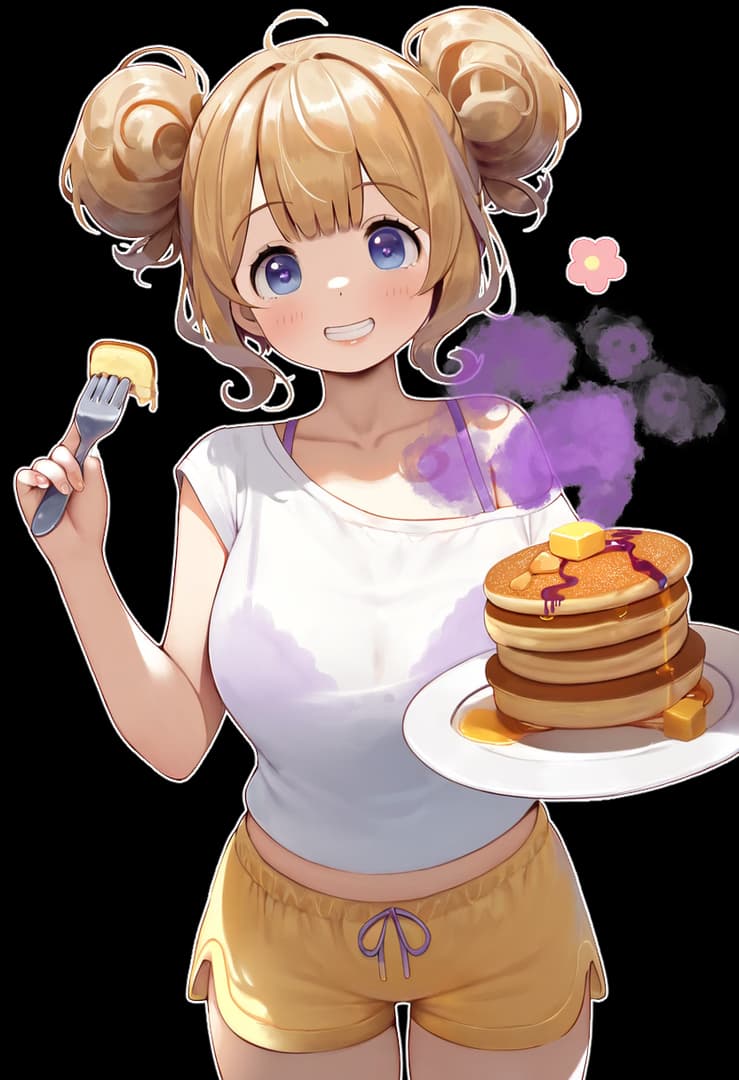Karakter görseli - Happy expression, holding a fork with a pancake bite and a plate of pancakes, wearing a white tank t