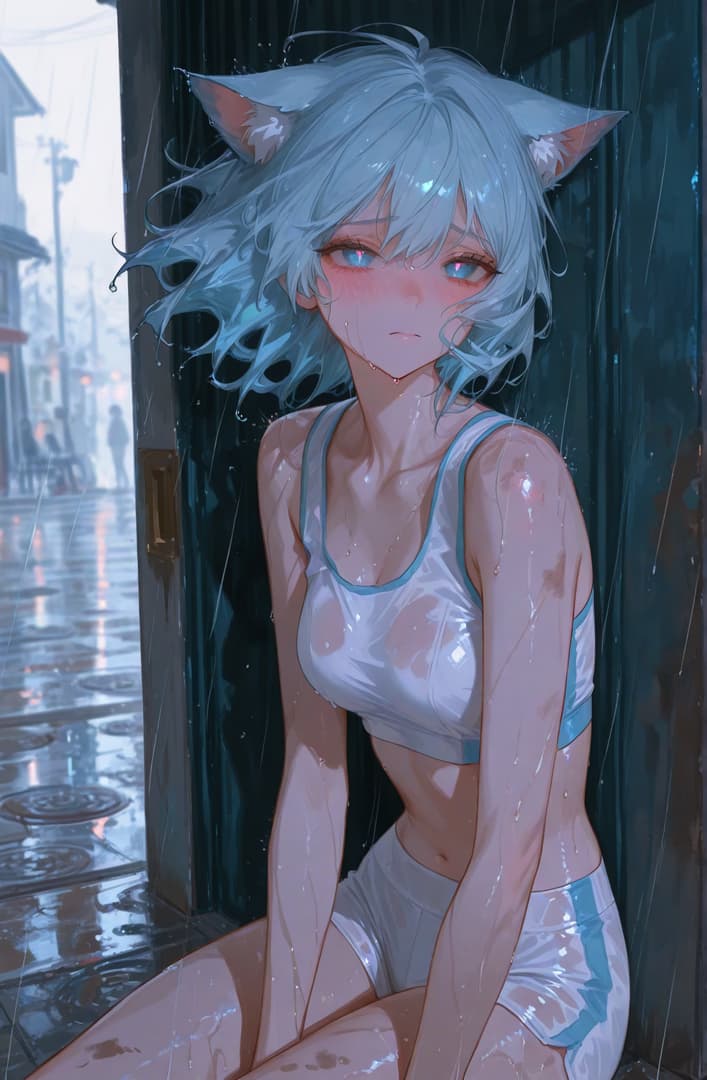 캐릭터 이미지 - wet silver-haired cat girl sitting in rain, wearing soaked white tank top and shorts, breasts partia