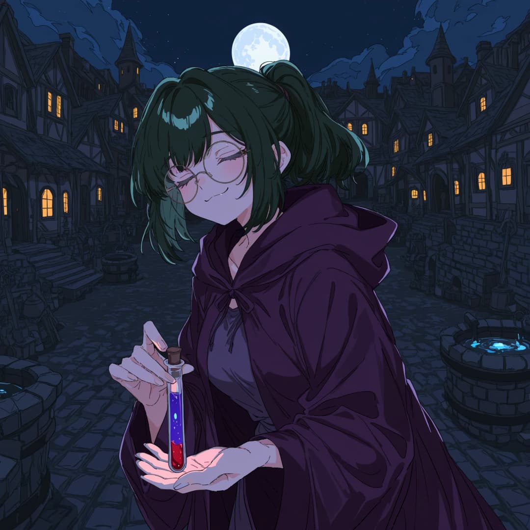 Imagen del personaje - happy and playful in a medieval town at night, wearing a purple cloak and glasses, holding a vial wi