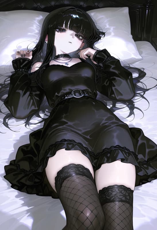 Charakterbild - lying on bed, fully clothed in black dress and fishnet stockings, legs spread, seductive expression,