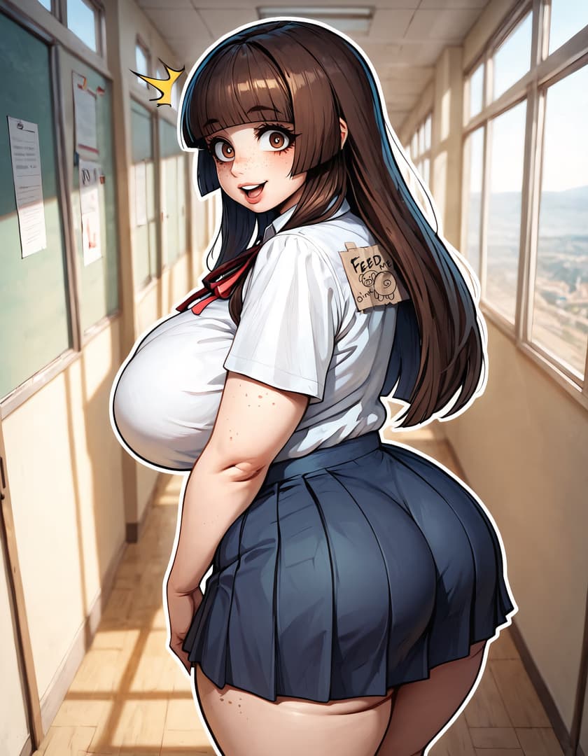 캐릭터 이미지 - schoolgirl in hallway, wearing white shirt and pleated skirt, turning back with playful expression,