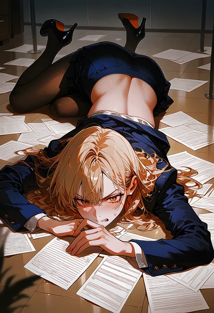 Immagine del personaggio - lying on floor surrounded by papers, blonde hair, intense angry expression, wearing blue suit jacket