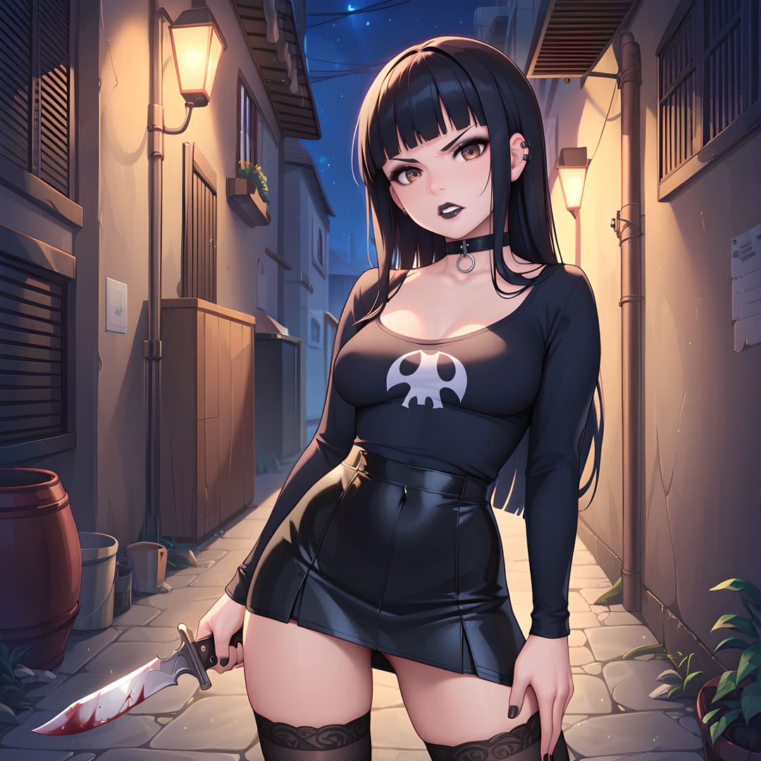 Charakterbild - seductive expression, standing in alleyway, holding bloodied knife, wearing black long-sleeve top wi
