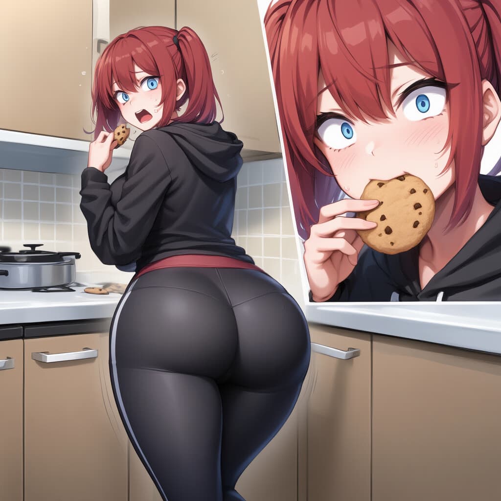 Obraz postaci - in kitchen, eating cookie, surprised expression, wearing black hoodie and tight black leggings, back