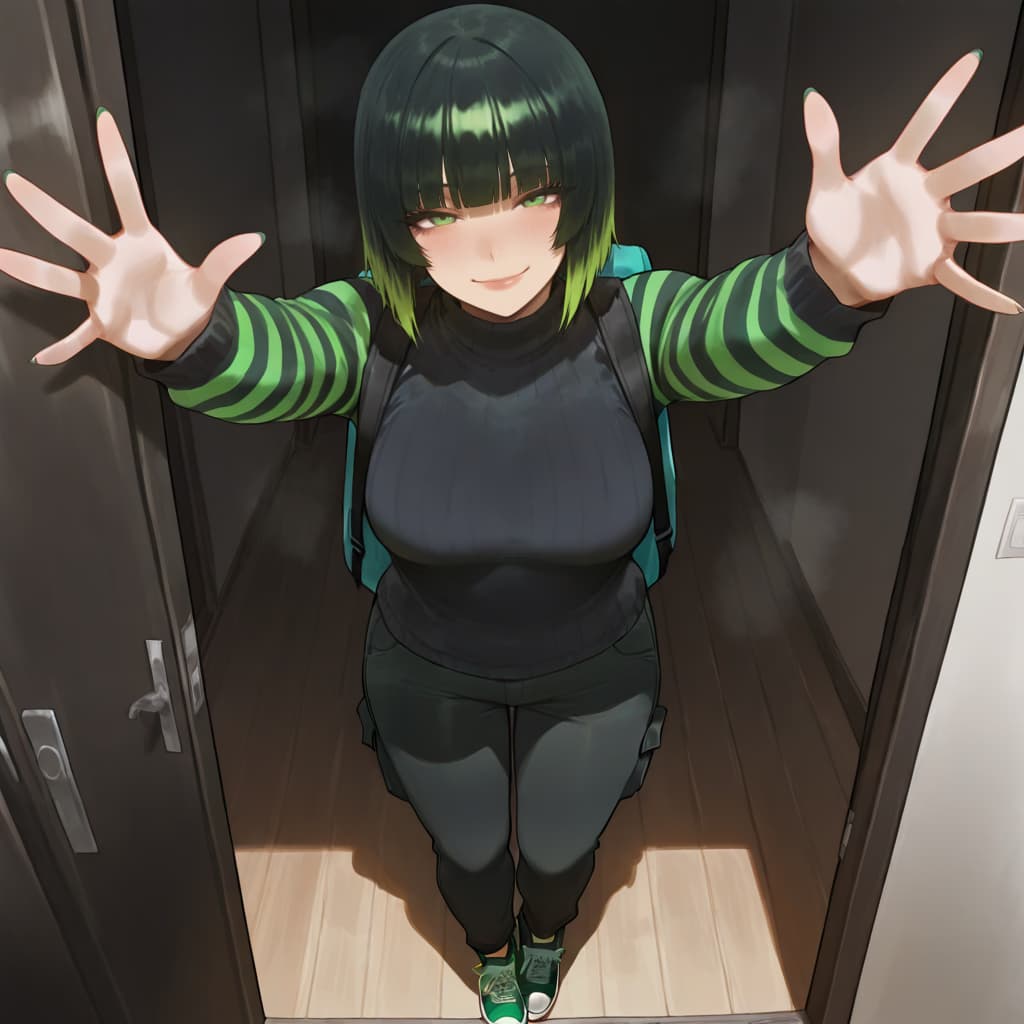 Image du personnage - Happy expression, standing in hallway with arms spread wide, wearing green and black striped sweater