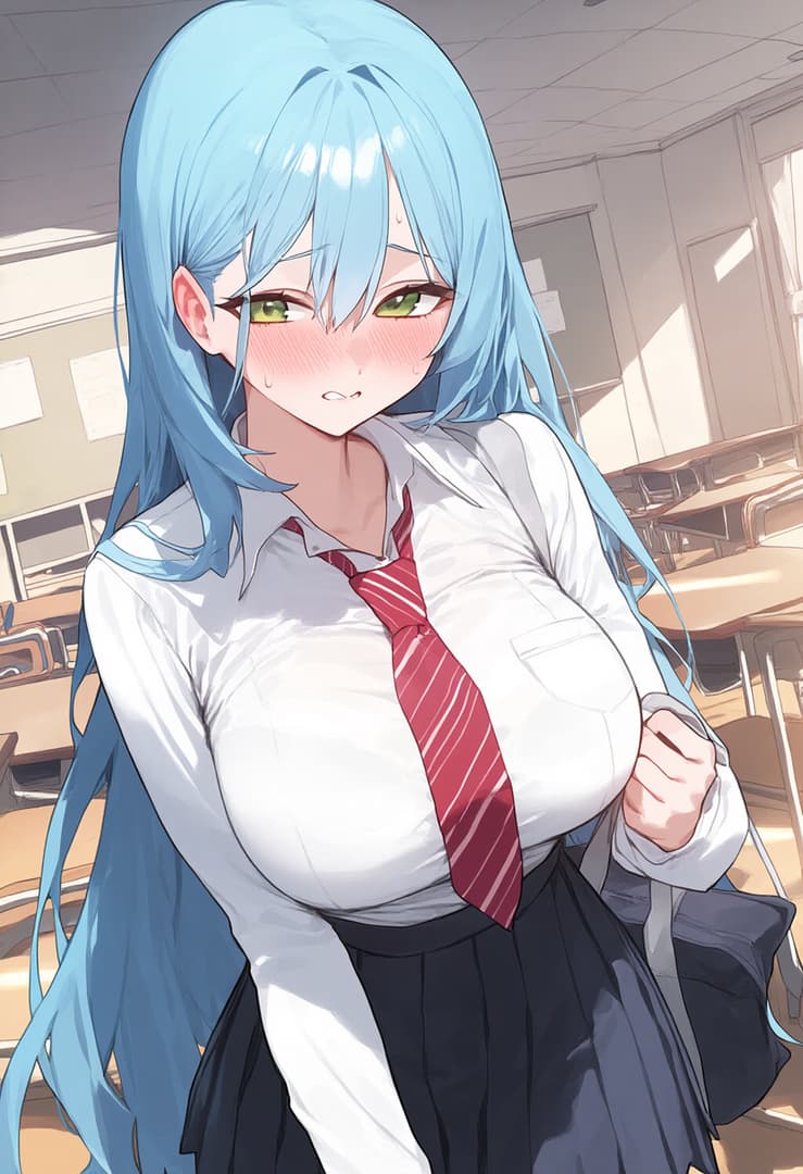 Immagine del personaggio - blushing, seductive expression in classroom, wearing school uniform with white shirt and red tie, sh