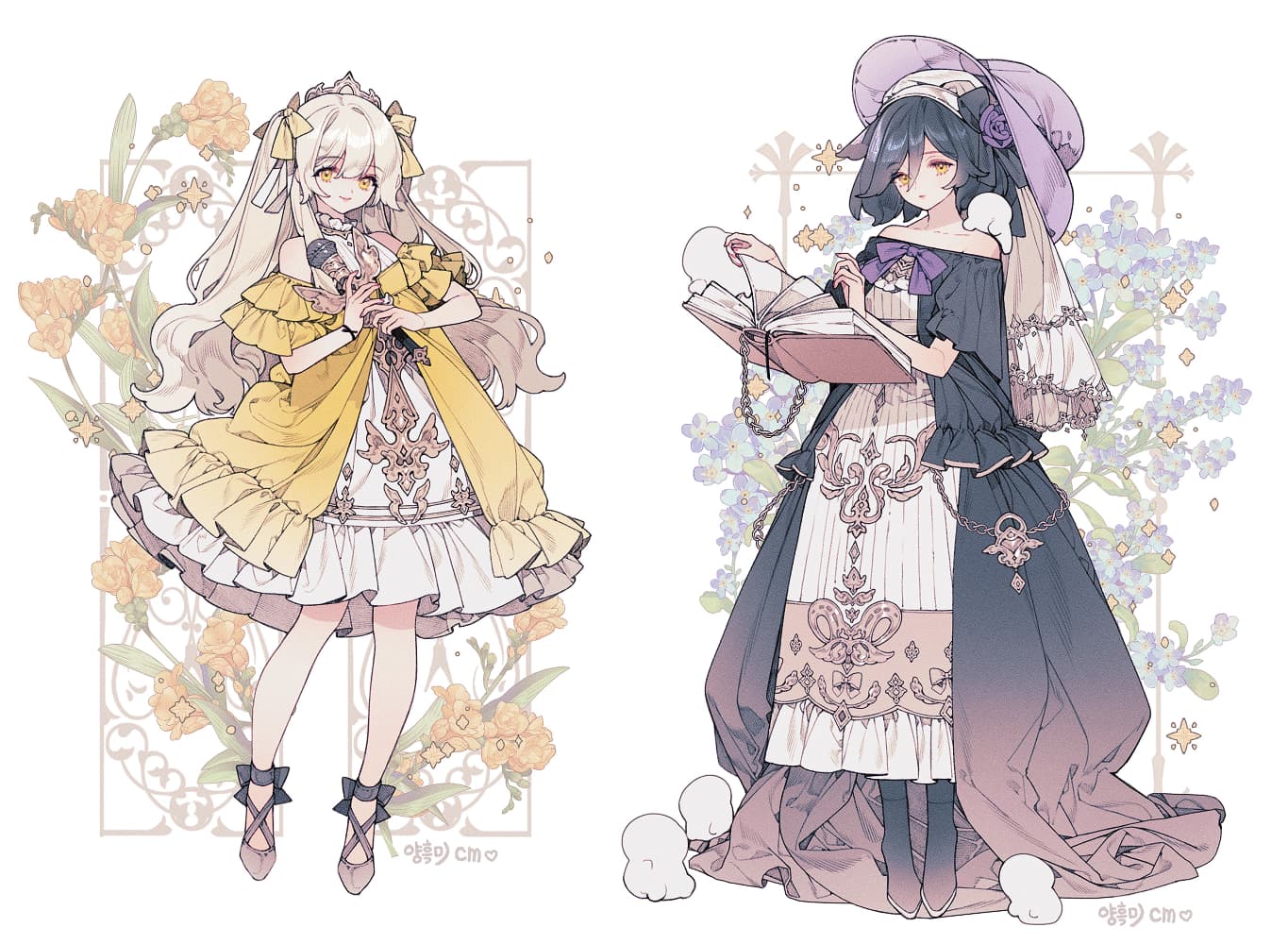 รูปภาพตัวละคร - two anime-style girls in elaborate dresses, one with long blonde hair in a yellow dress holding a do