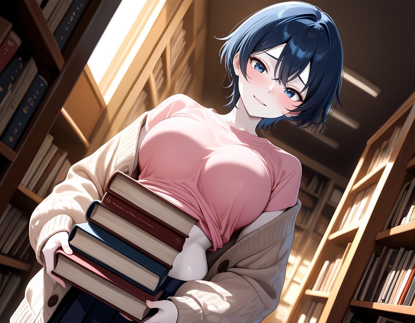 Charakterbild - in library, holding books, smiling shyly, wearing pink shirt and cardigan, breasts visible, cozy and