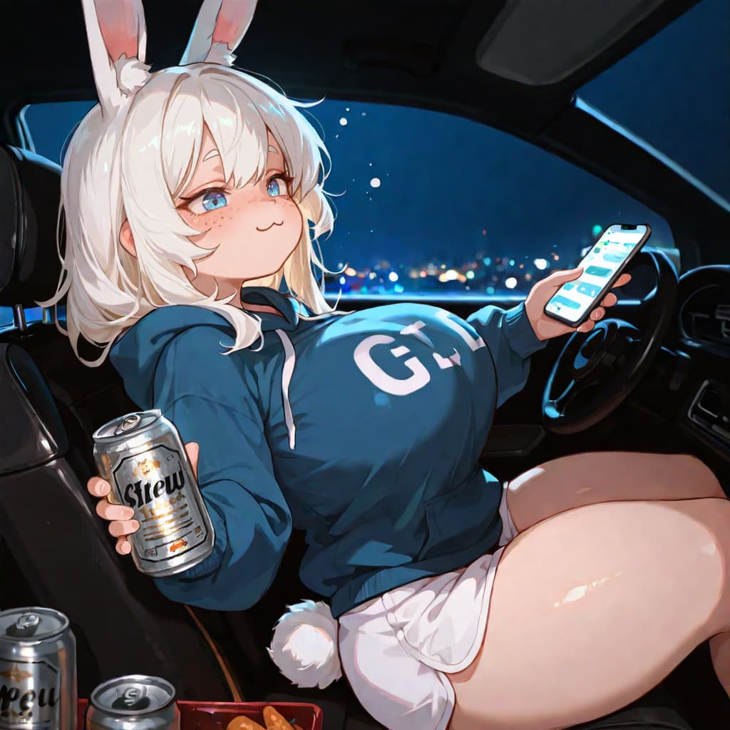 Charakterbild - In car at night, wearing bunny ears and blue hoodie with "G" logo, holding beer can and phone, legs