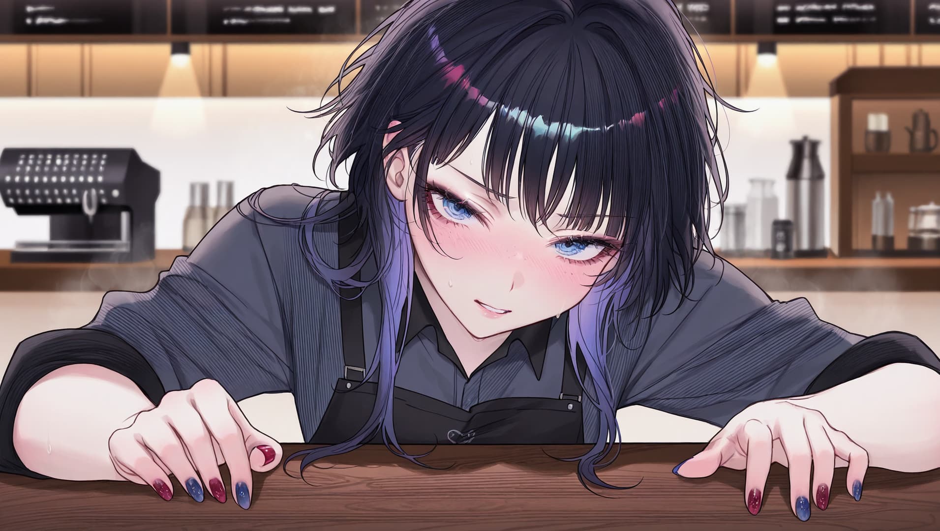 Immagine del personaggio - in a cafe, leaning forward over counter, wet dark hair with purple highlights, blue eyes, blushing f