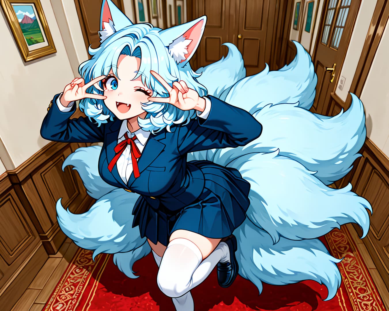 Charakterbild - happy and playful, making peace signs with both hands, wearing a blue school uniform with a red bow,