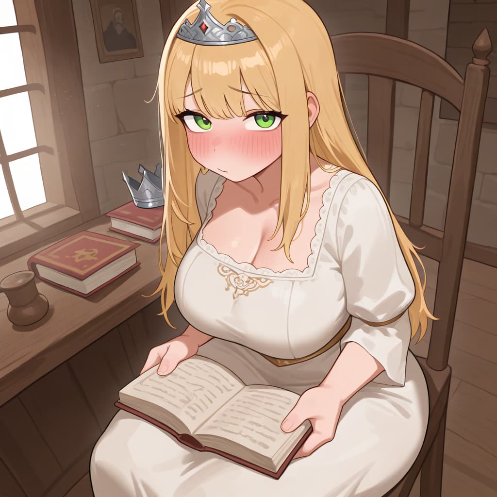 캐릭터 이미지 - shy blush in library, sitting in chair, fully clothed in white dress, holding open book, green eyes,