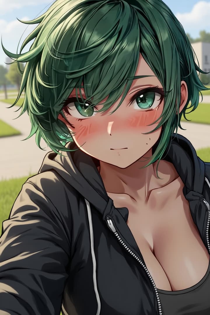 Imagen del personaje - green-haired anime girl outdoors, blushing with a shy expression, wearing a black hoodie unzipped to