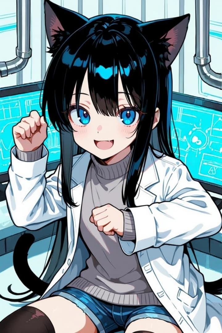 캐릭터 이미지 - happy expression, sitting in lab setting, wearing white lab coat over grey turtleneck and blue short