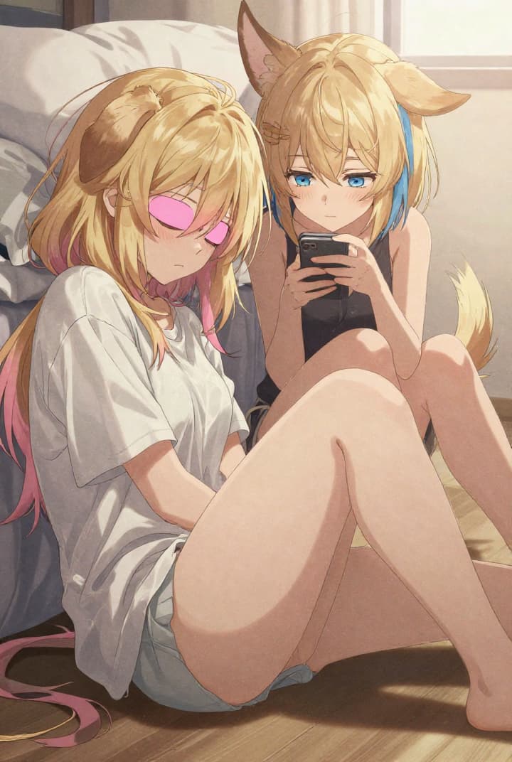 Character image - Mococo here. Fuwawa is curled up on my floor, face buried in a pillow because she swears she can sti