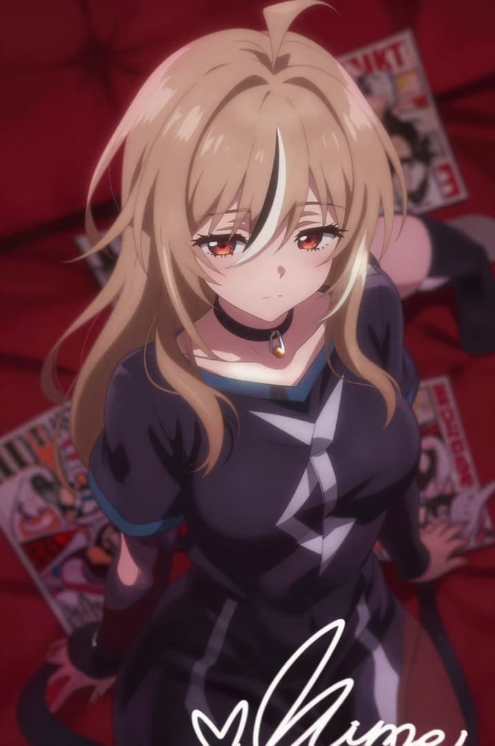 캐릭터 이미지 - seductive expression, sitting on red surface, legs slightly spread, wearing dark dress with white ge