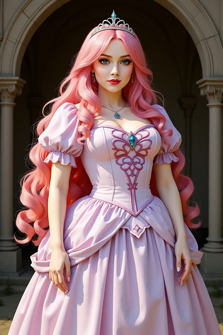 Immagine del personaggio - princess in pink gown, standing in front of castle archway, elegant and confident expression, fully