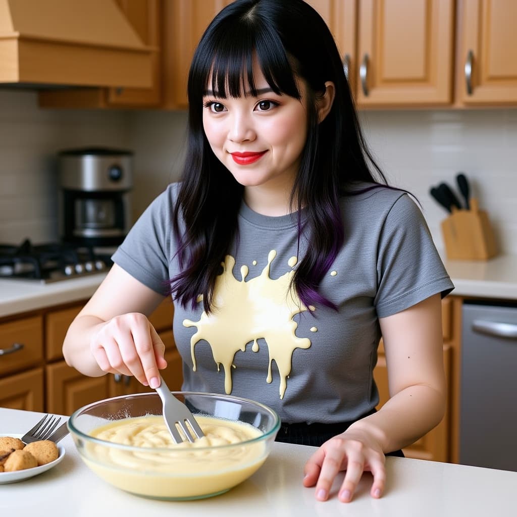 캐릭터 이미지 - In kitchen, smiling at camera, wearing gray t-shirt with yellow splatter design, mixing batter in bo