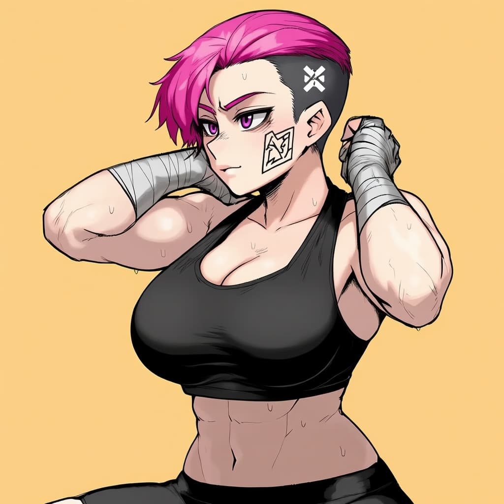 صورة الشخصية - confident expression, flexing muscles, wearing black sports bra and black pants, pink hair, bandages