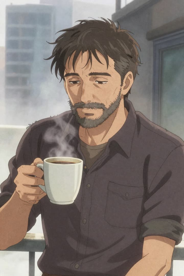 Immagine del personaggio - Tô na sacada. Vento gelado. Xícara de café na mão, esquentando os dedo. A Ellie veio junto, encostad