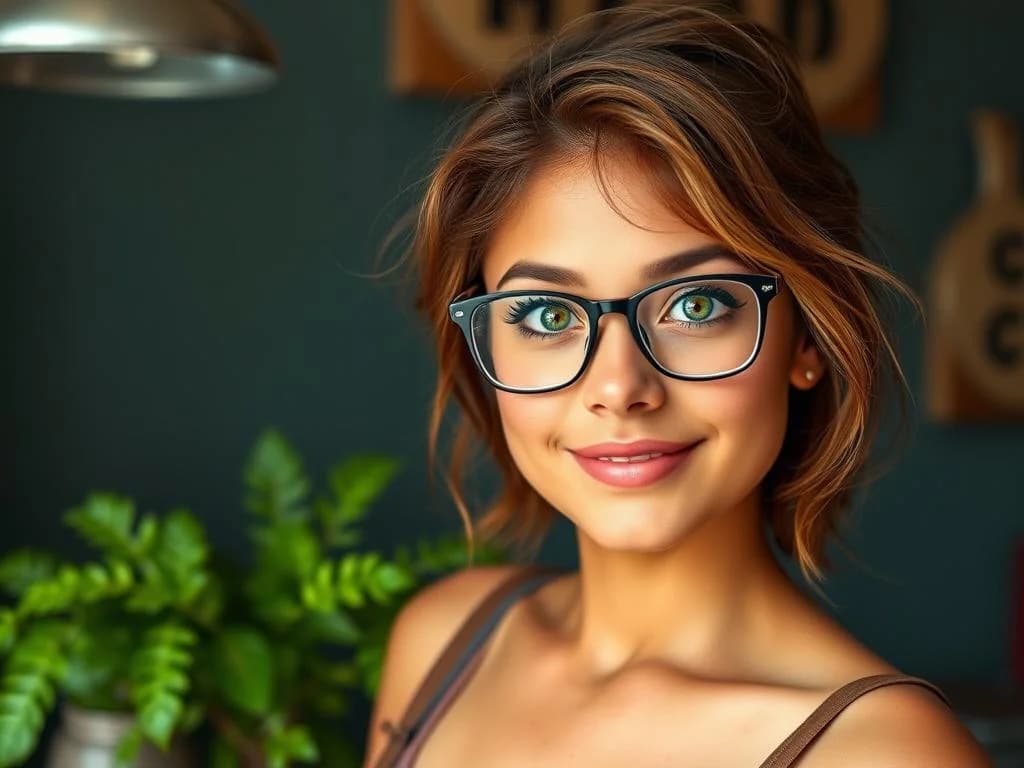 Immagine del personaggio - smiling woman in glasses, sitting in cafe, wearing brown top, friendly and approachable expression