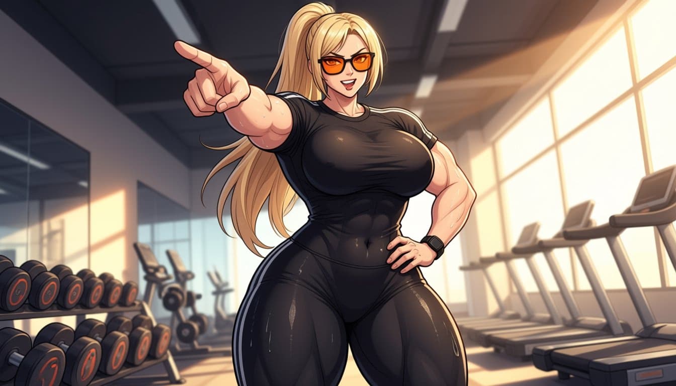 Obraz postaci - Confident and playful in gym, pointing forward with one hand on hip, wearing black athletic outfit,