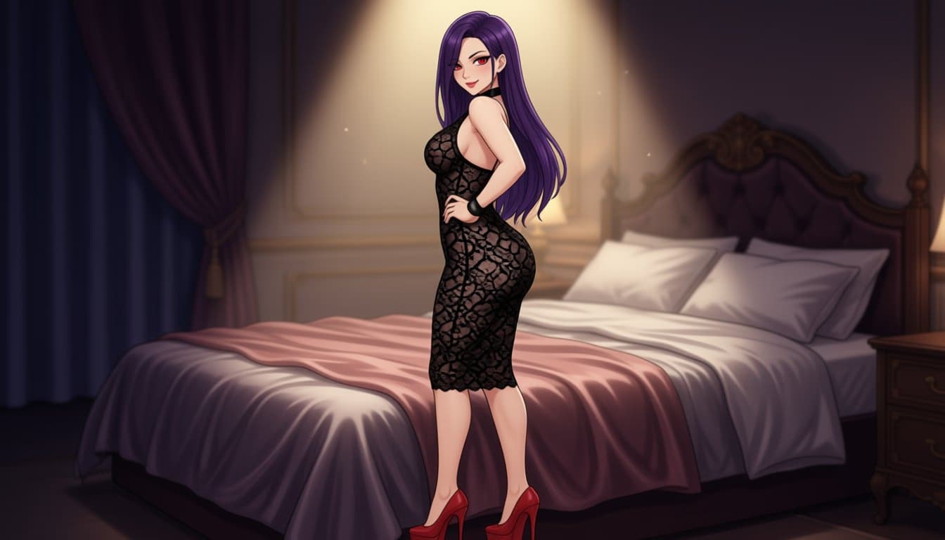 Obraz postaci - Gerade meine Haare in dunkles Violett verwandelt. Mein neues schwarzes Spitzenkleid sitzt so eng, da