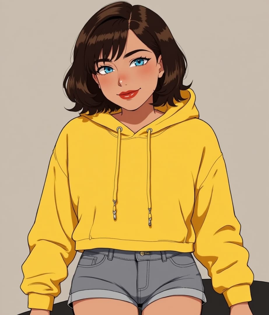 Charakterbild - sitting, wearing yellow hoodie and gray shorts, happy expression, looking at viewer, no other people