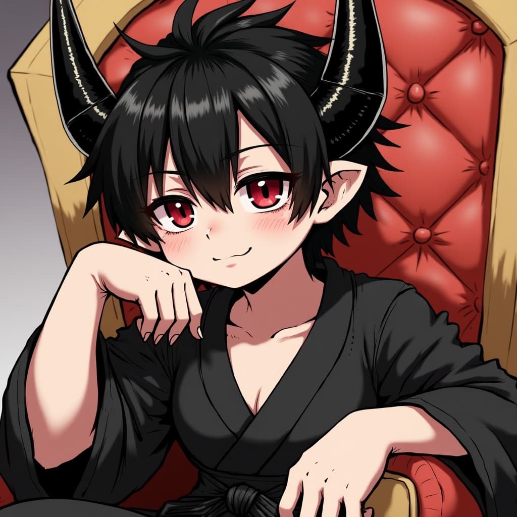 صورة الشخصية - sitting in red tufted chair, wearing black robe, black horns and pointed ears, red eyes, smiling sed