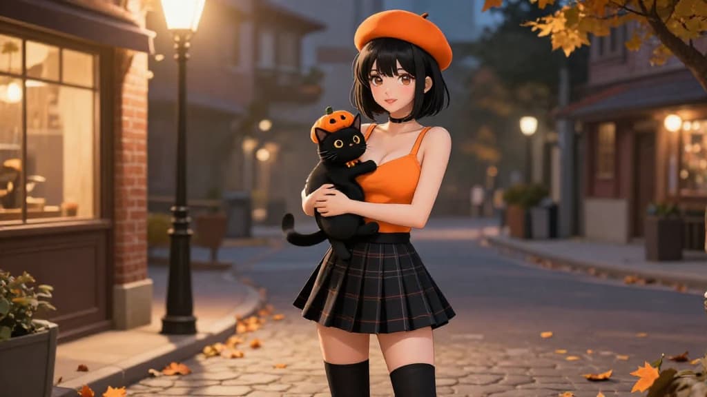 Charakterbild - Happy expression, holding black cat with pumpkin hat, standing on autumn street, wearing orange bere
