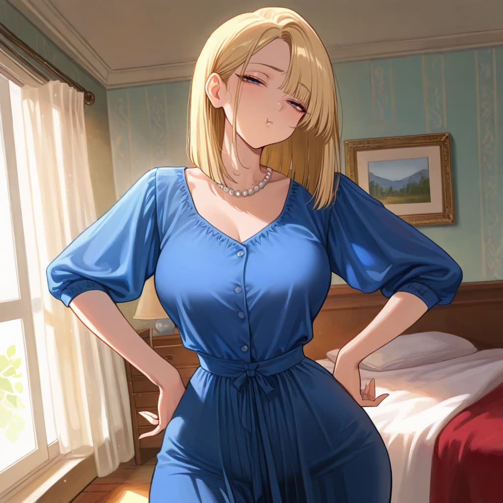 Karakter görseli - seductive expression, standing in bedroom, hands on hips, wearing blue dress with pearl necklace, br