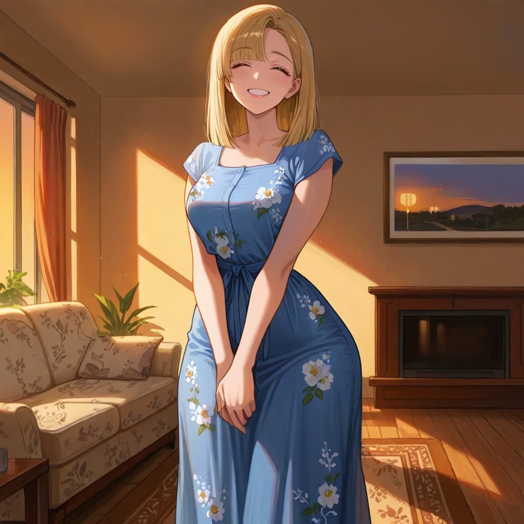Karakter görseli - happy and content, standing in a cozy living room, wearing a blue floral dress, hands clasped in fro