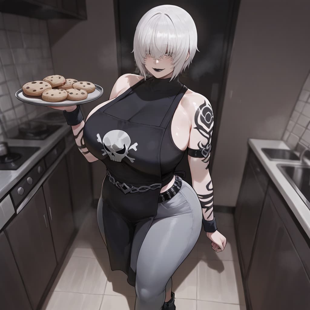 Immagine del personaggio - in kitchen, holding tray of cookies, wearing black tank top with skull design and gray pants, confid