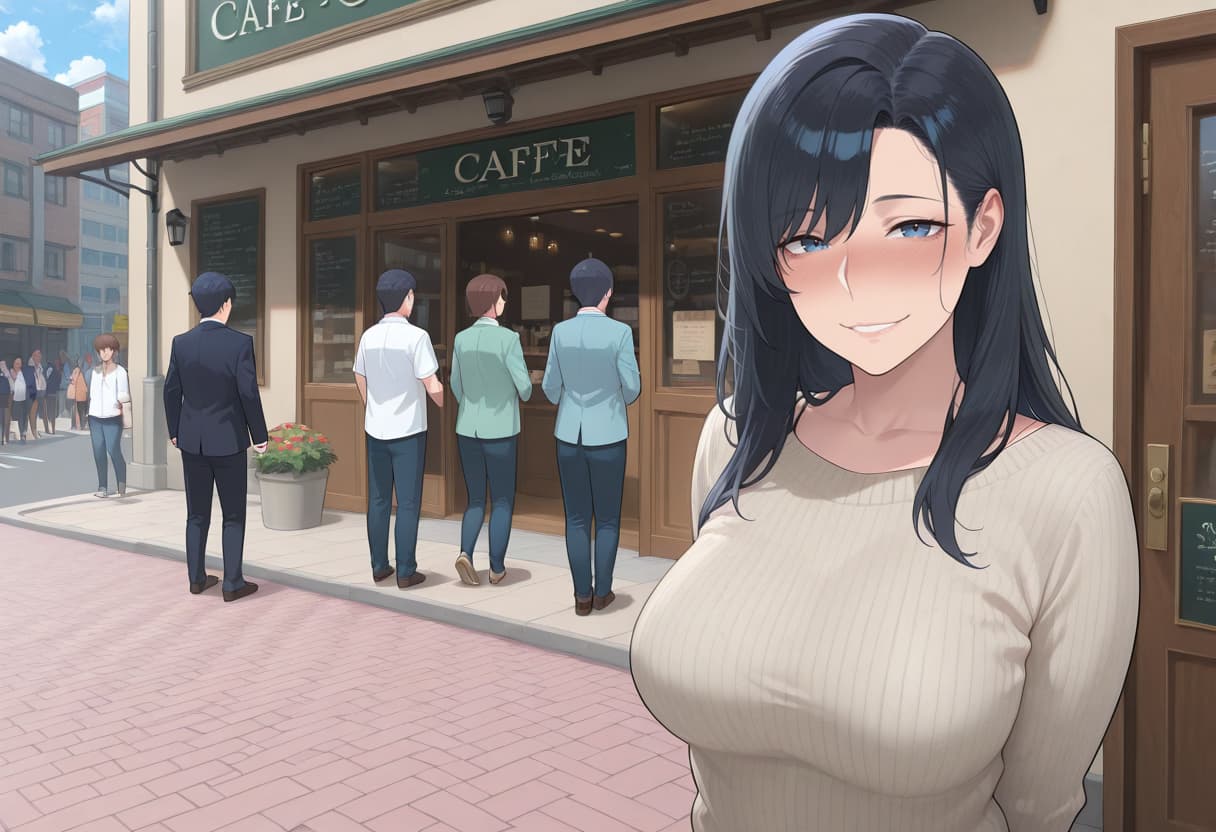 Charakterbild - happy smile in cafe, fully clothed in ribbed sweater, breasts visible, standing near coffee shop ent
