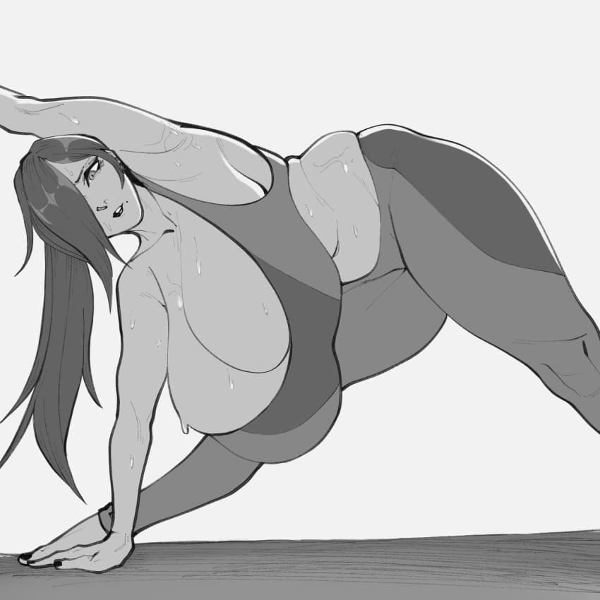 صورة الشخصية - nude woman in side plank pose, breasts exposed, wet skin with water droplets, legs spread, looking b
