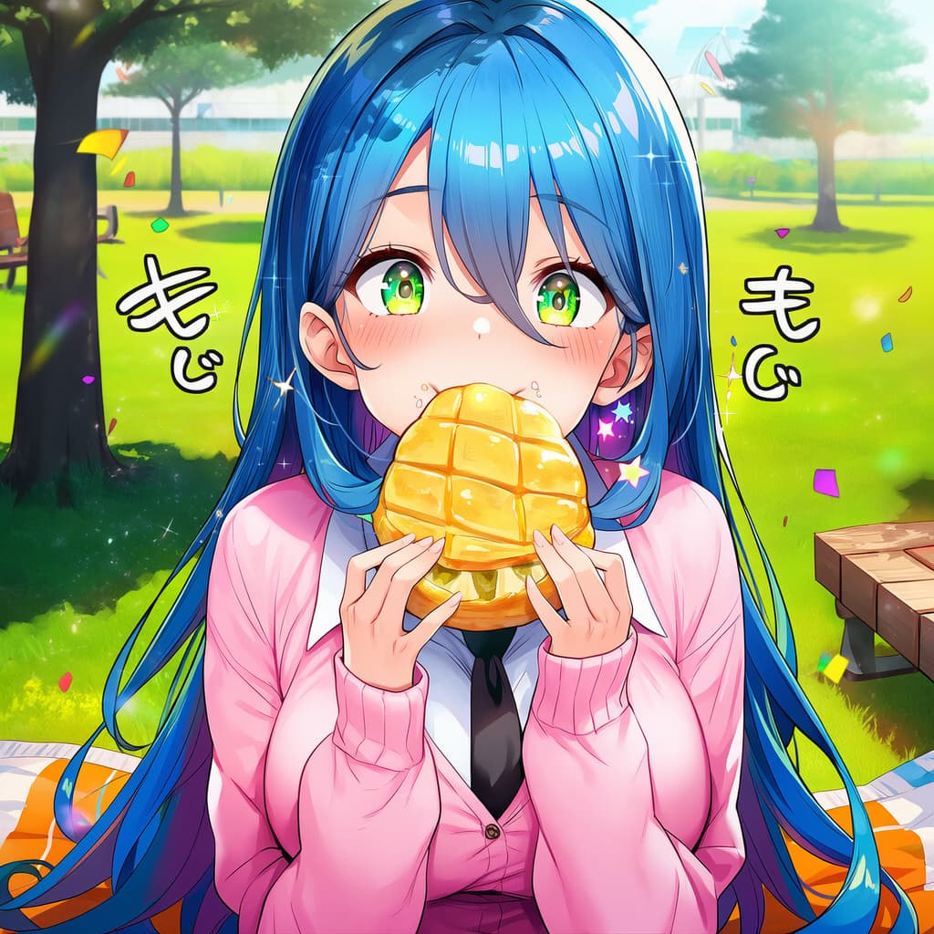 किरदार इमेज - blue-haired girl in pink sweater and tie, eating a large mango with wide green eyes, joyful expressi