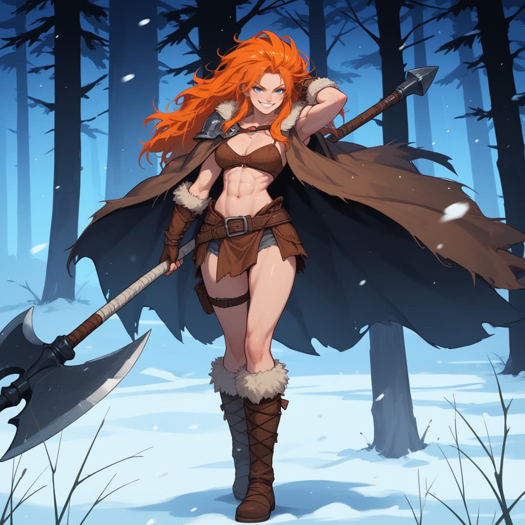 캐릭터 이미지 - confident smile in snowy forest, wearing fur-lined armor and boots, holding axe, standing with one h