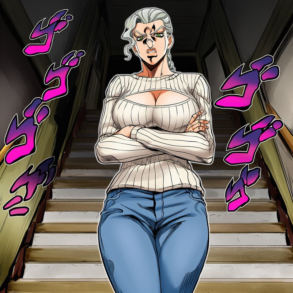 캐릭터 이미지 - angry expression with crossed arms, standing on stairs, wearing striped sweater and blue jeans, brea