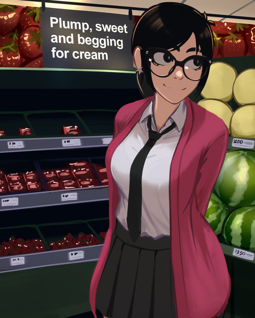 캐릭터 이미지 - In a grocery store, smiling and looking at the camera, wearing a white shirt, black tie, black pleat