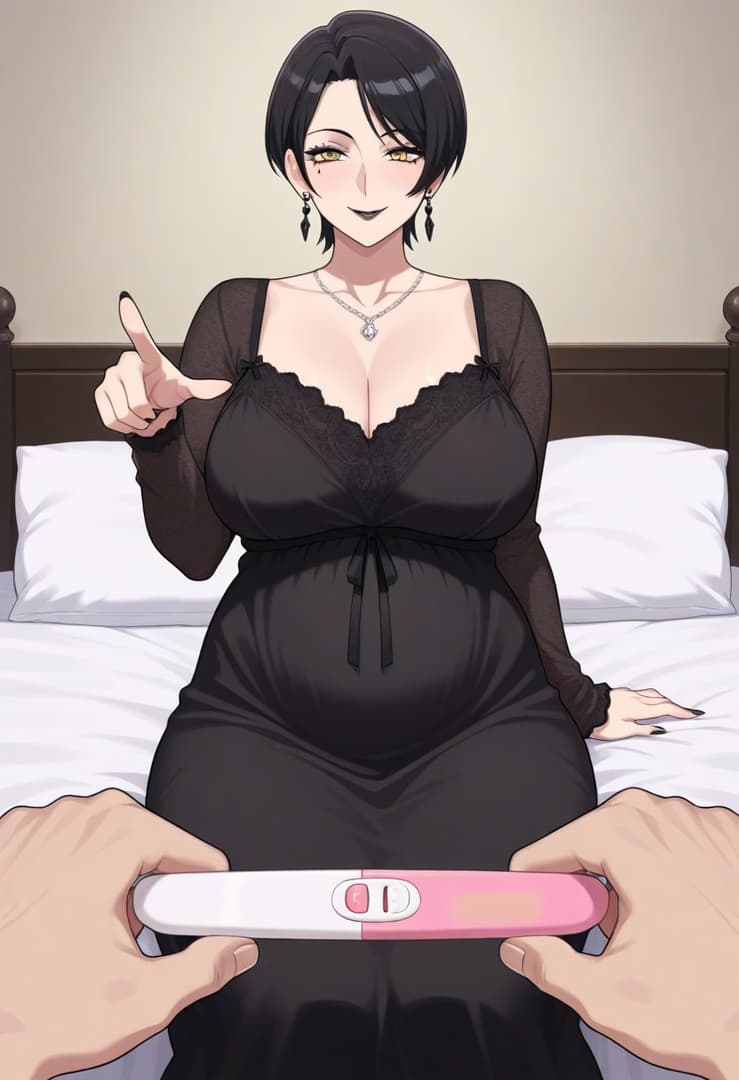 รูปภาพตัวละคร - pregnant woman sitting on bed, wearing black lace dress, smiling seductively, pointing at pregnancy