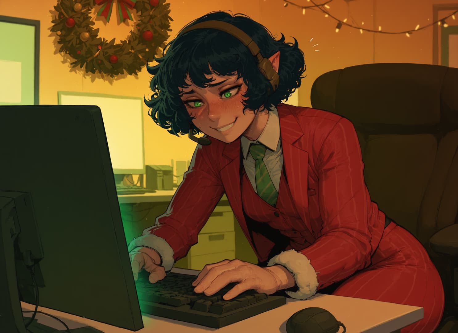 Charakterbild - Happy expression, sitting at computer in office, wearing red suit with white fur cuffs, fully clothe