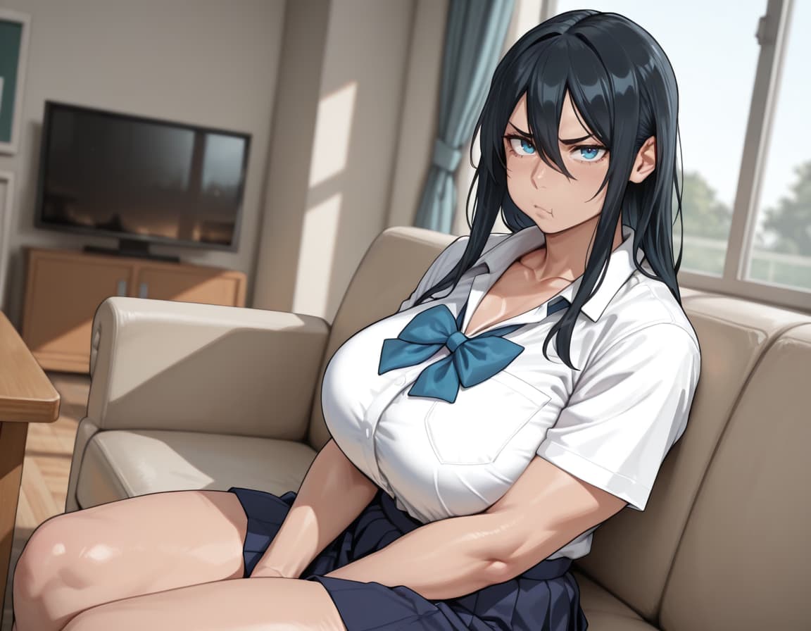 Charakterbild - angry expression, sitting on couch with legs spread, wearing school uniform with blue bow, breasts e