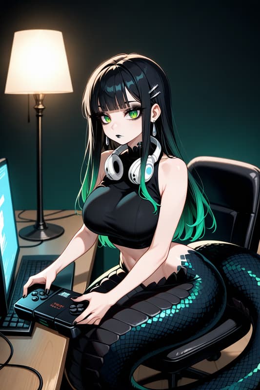Imagem do personagem - Sitting in gaming chair, fully clothed in black top, snake-like tail coiled around chair, holding ga