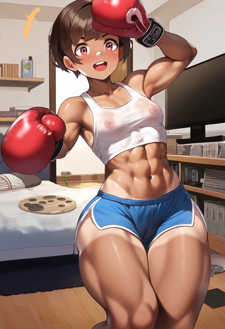 Charakterbild - Muscular woman in bedroom, wearing white tank top and blue shorts, top partially lifted exposing bre