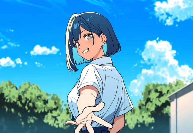 किरदार इमेज - outdoors under blue sky, smiling and reaching hand back, wearing school uniform, playful and invitin