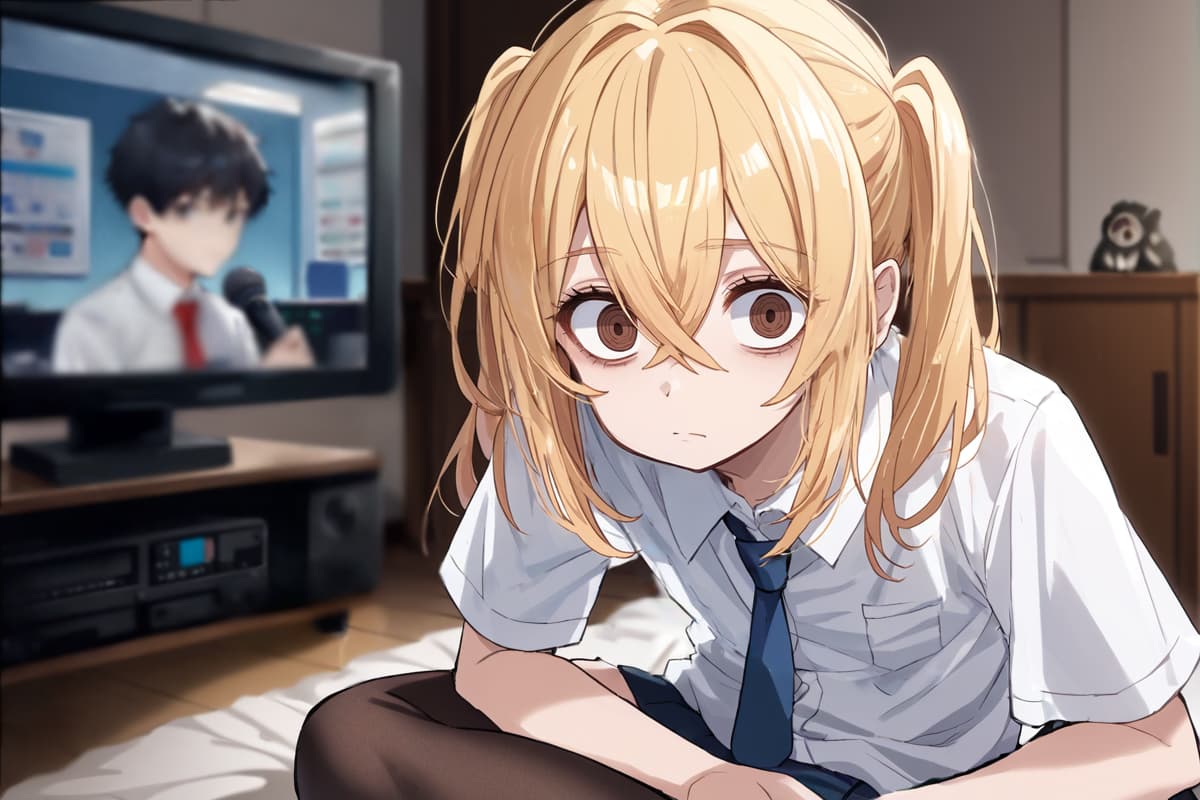 Imagen del personaje - sad expression, sitting on bed, wearing school uniform with white shirt and blue tie, blonde hair in