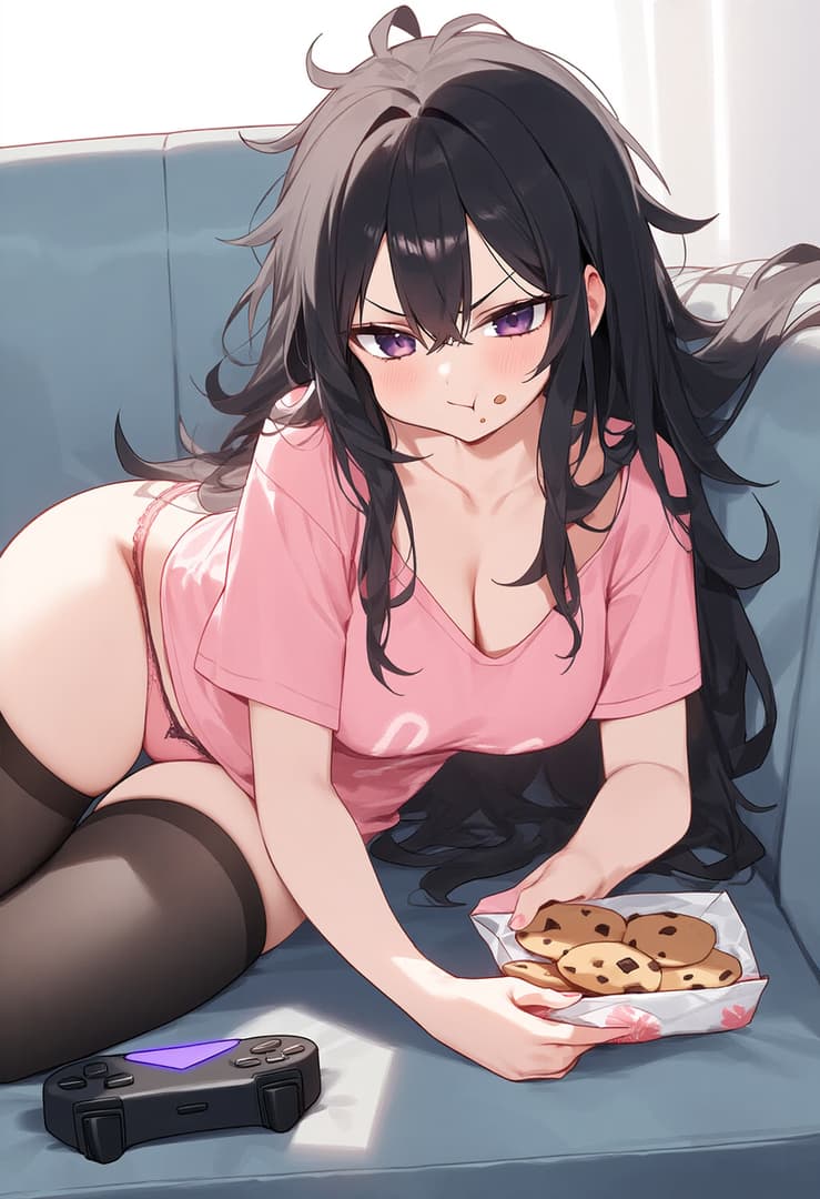 صورة الشخصية - lying on couch, legs spread, holding cookies, pink shirt and black stockings, seductive expression,
