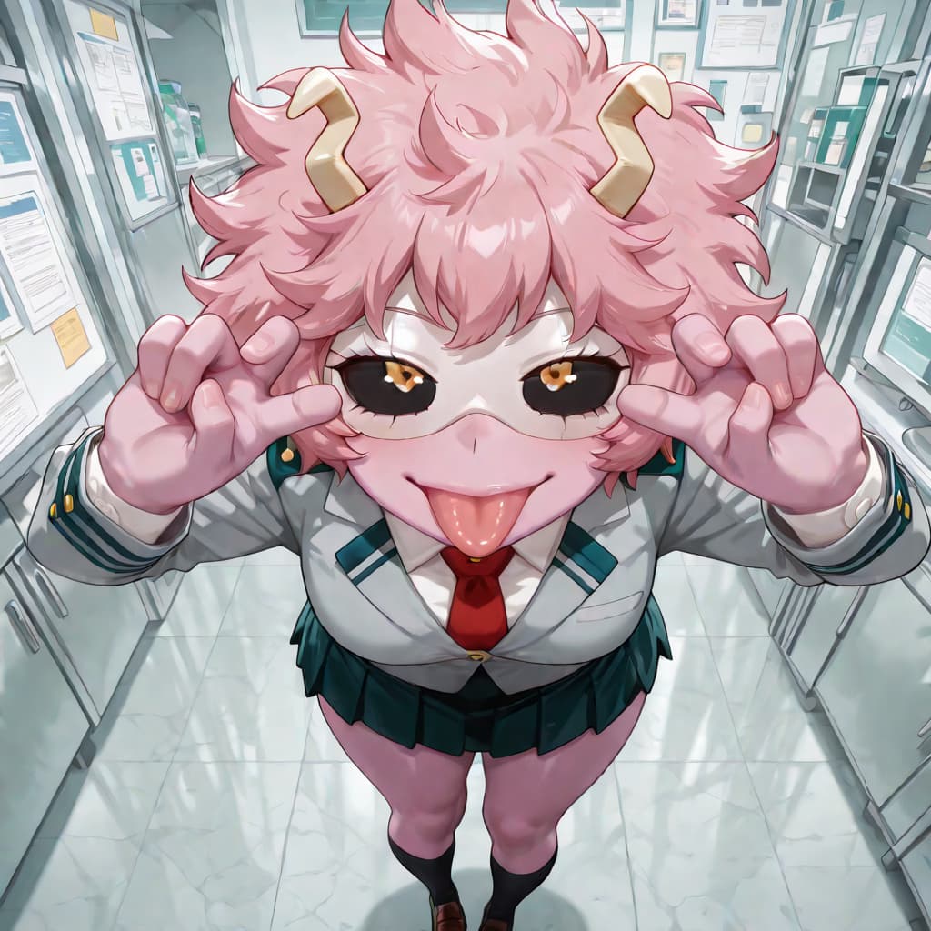 Immagine del personaggio - playful expression, making duck face with hands near eyes, in school hallway, wearing uniform, fully