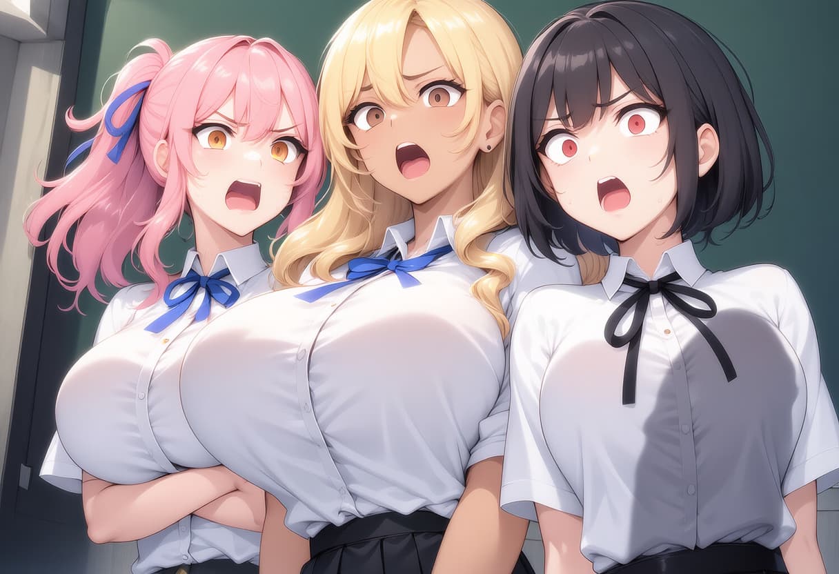 รูปภาพตัวละคร - Three anime girls in school uniforms, all with exaggeratedly large breasts, standing close together