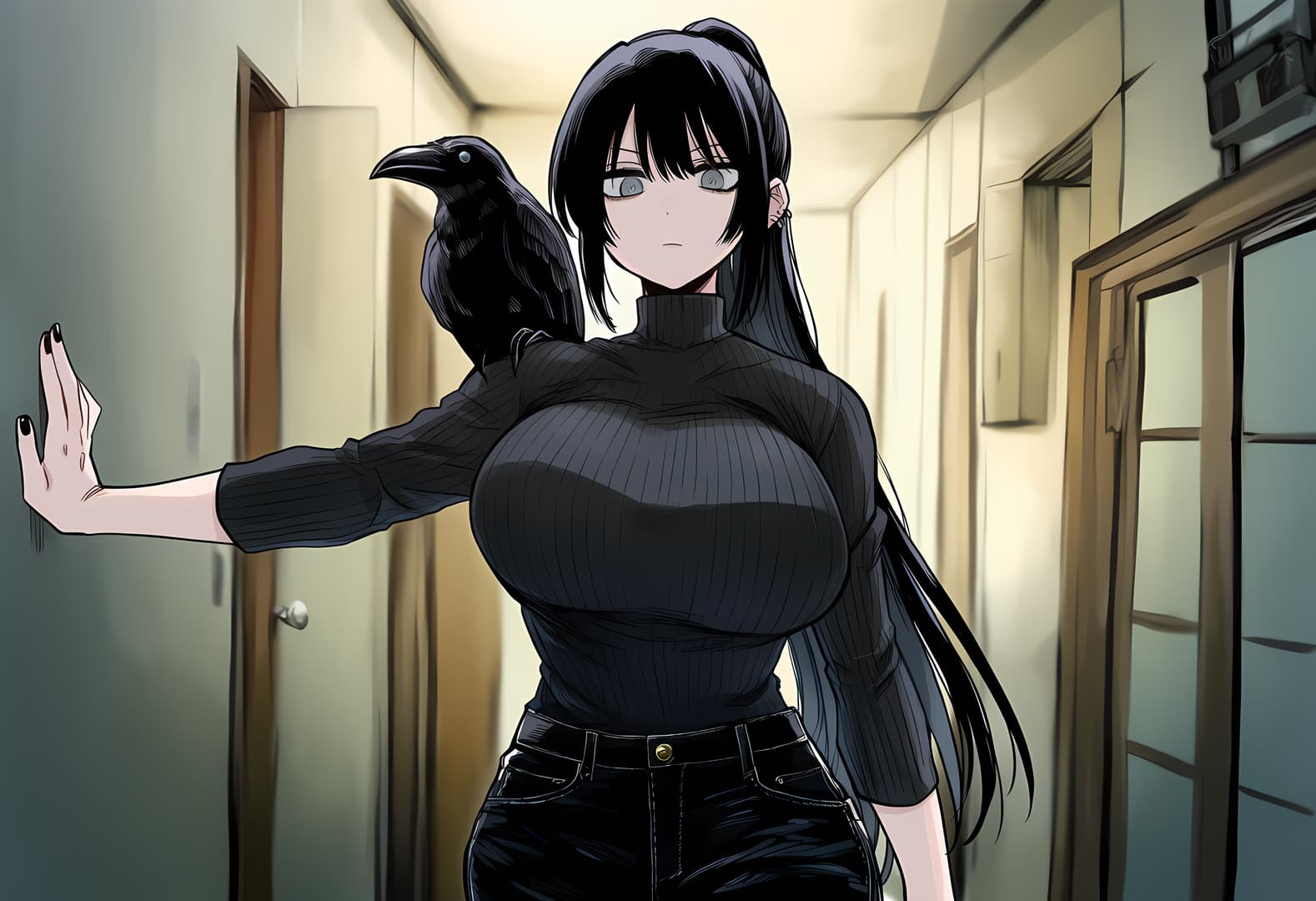 Karakter görseli - standing in hallway, fully clothed in black ribbed turtleneck and black pants, black crow perched on